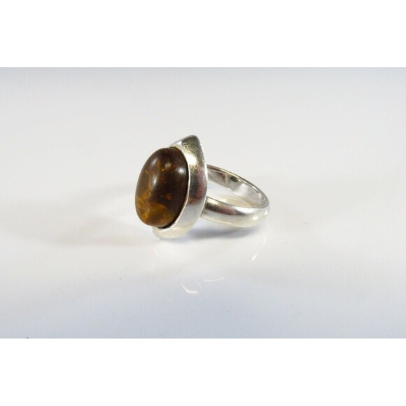 Vintage Oval Amber Cabochon in Sterling Navette Formed Ring Setting Size 8 - Picture 4 of 6
